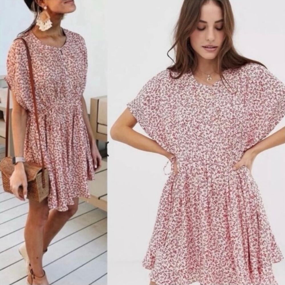 FREE PEOPLE Sz XS One Fine Day Oversized Mini Dress Cream Red Ditsy Floral
